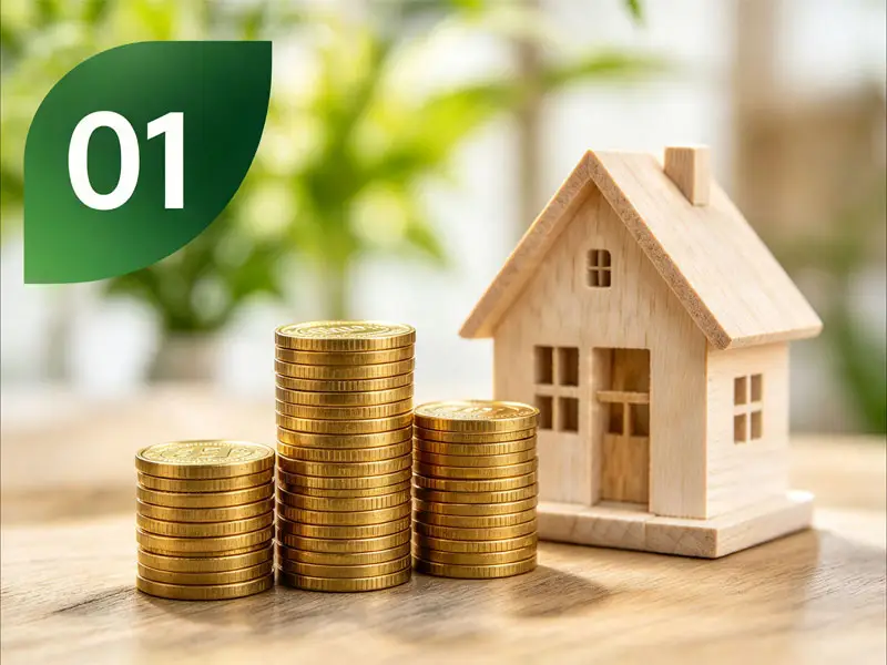 Icon tổng vốn thấp: ngôi nhà nhỏ trên đống tiền vàng